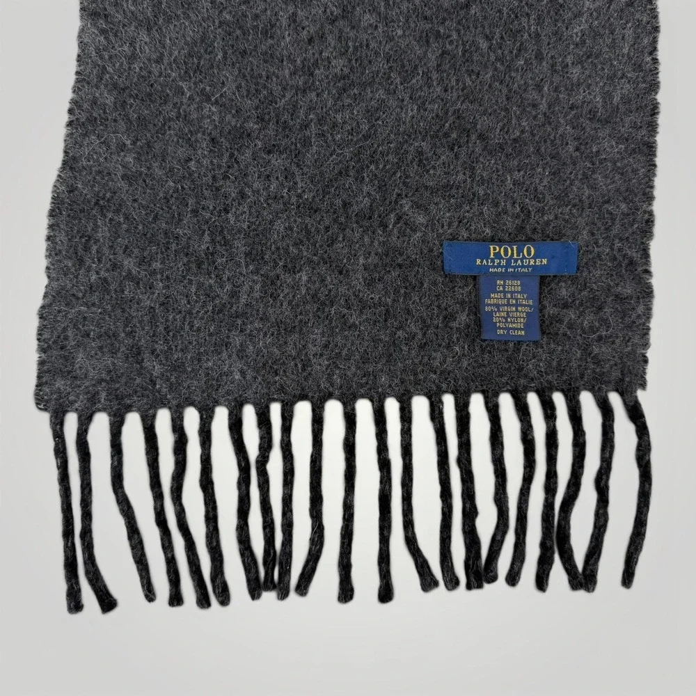 Polo Ralph Lauren Scarf Mens Gray Reversible Wool Fringe Italy Big Pony Logo
